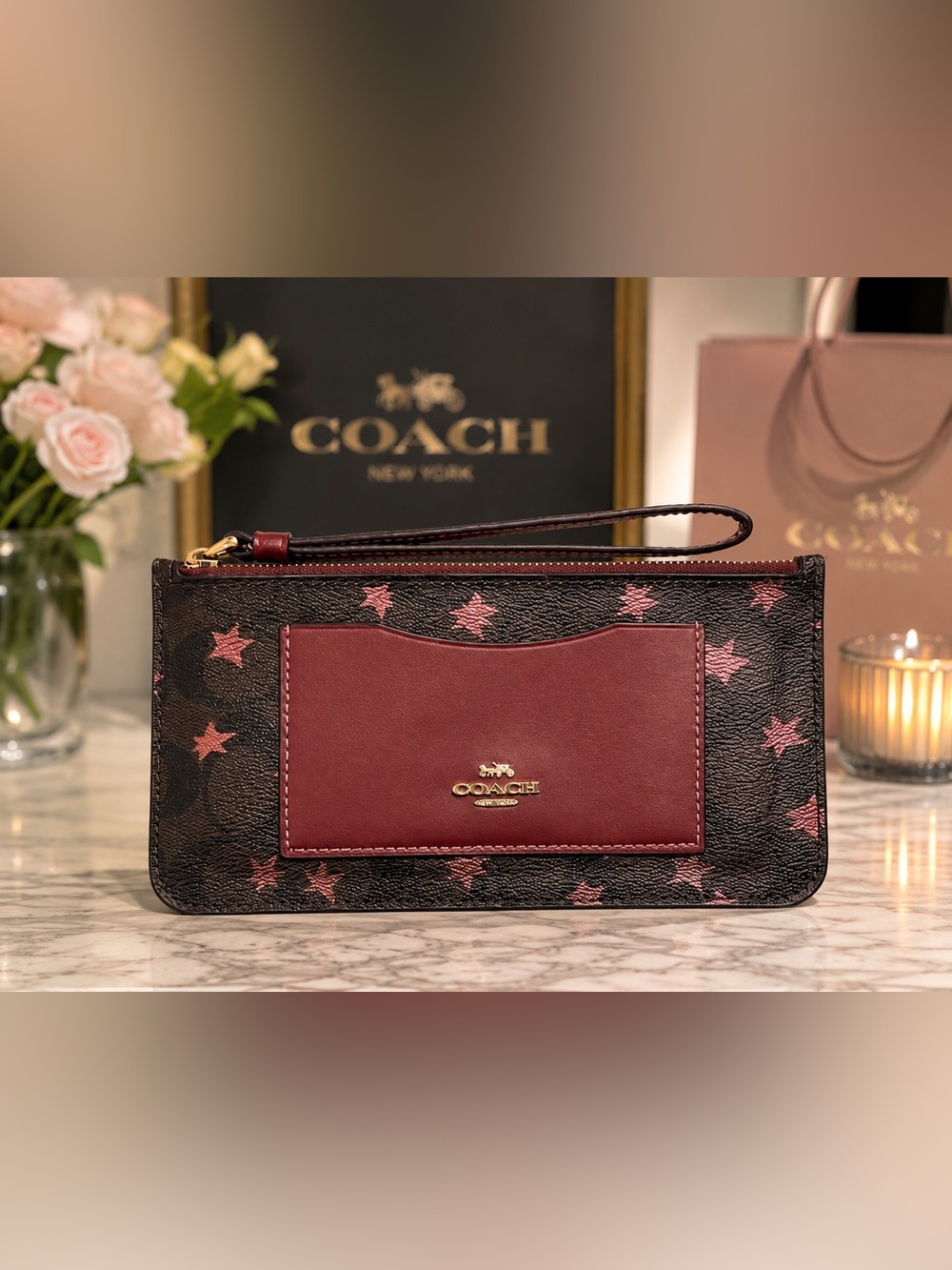 COACH Star Print Signature Corner Zip Wristlet Wallet Card Holder